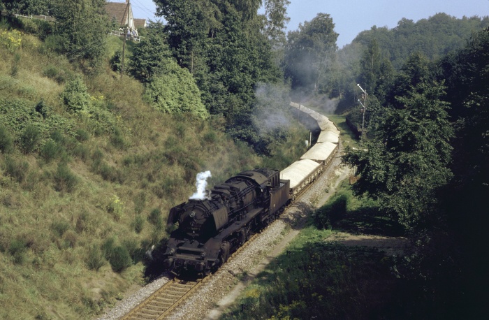 50 3697 mit Sandzug Gag 56353 Einfahrt Wechselburg, 29.08.1983