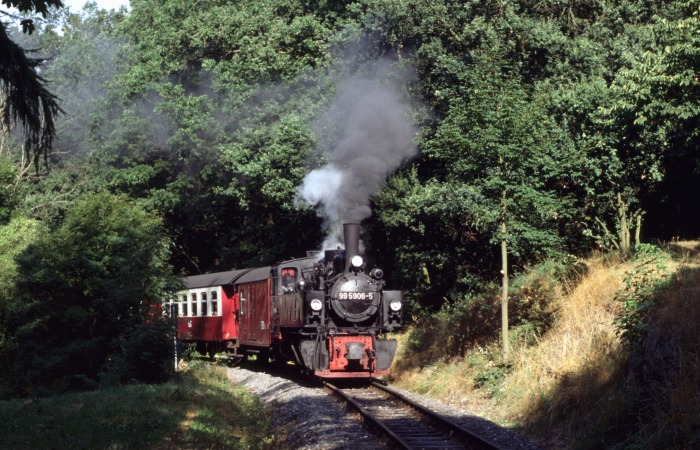 99 5906 mit Zug 8951 vor Einfahrt Harzgerode, am 06.08.1999