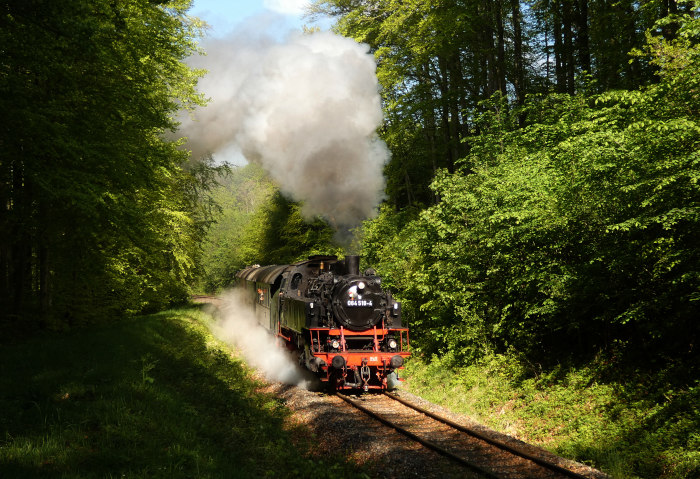 64&nbsp;518&nbsp; mit Zug Amstetten&rarr;Gerstetten im  Wald am oberen Benzwang kurz vor Stubersheim, aufgenommen um 9:44h am 09.05.2024