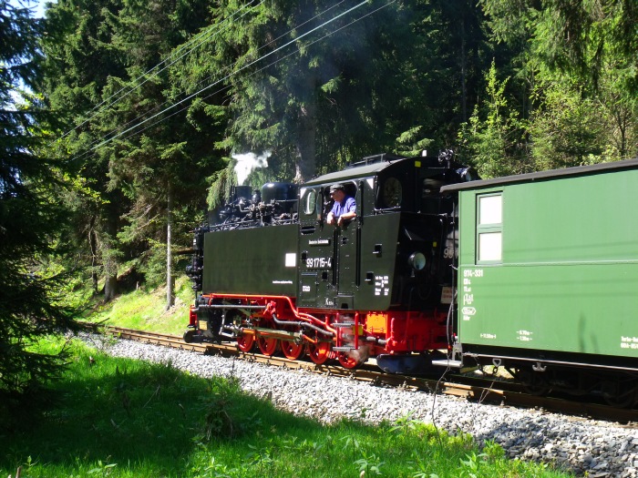 99&nbsp;1715 mit Zug&nbsp;21 hinter der Schwarzwasser-Brücke hinterm Loreleifelsen vor Schlössel, um 10:34h am 19.05.2013