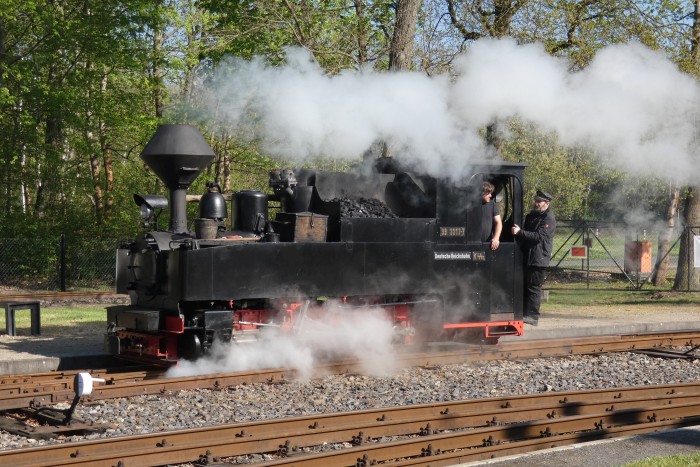 Es folgt Umsetzen der 99&nbsp;3317, die dann hier vorfahren muss, um auf das Gleis mit den abzuholenden Wagen zu kommen, um 9:34h am 20.04.2025