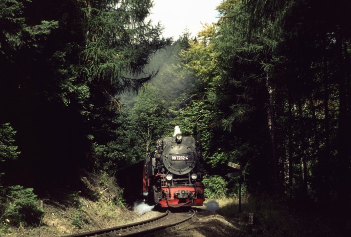 99 7232 mit Zug 8935 bergfahrend vor Kreuzungsbahnhof bzw. Ausweichstelle Drängetal, um 13:40h am 06.10.2001
