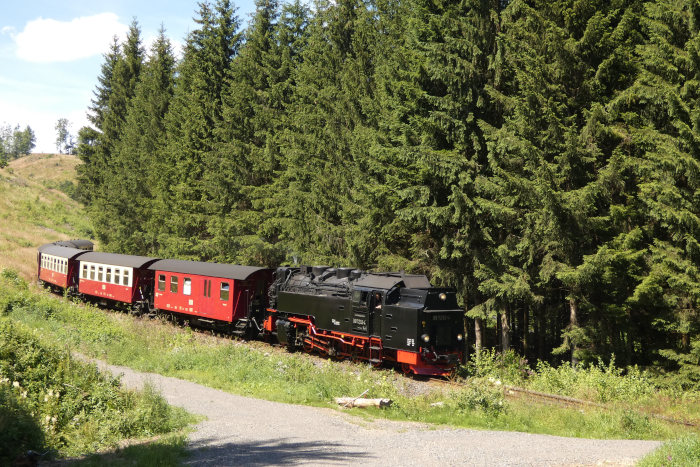 99&nbsp;7232 Tv mit dem 8903 aus Wernigerode, im Tiefenbachtal zwischen Sophienhof und Tiefenbachmühle abwärts fahrend, um 13:55h am 09.07.2024