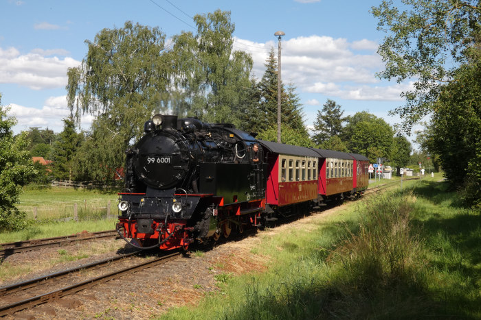 99&nbsp;6001 mit Zug 8967 aus Quedlinburg an der Einfahrt von Hasselfelde, um 16:51h am 07.07.2024