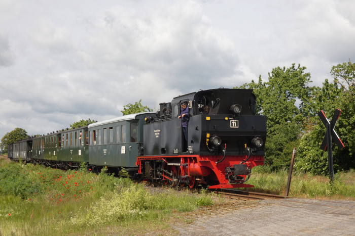 Lok&nbsp;11&nbsp;Tv mit Infozug &rarr; Hettstedt-Kupferkammerhütte in den Feldern zwischen Bocksthal und Zirkelschacht, um 10:45h am 29.05.2025