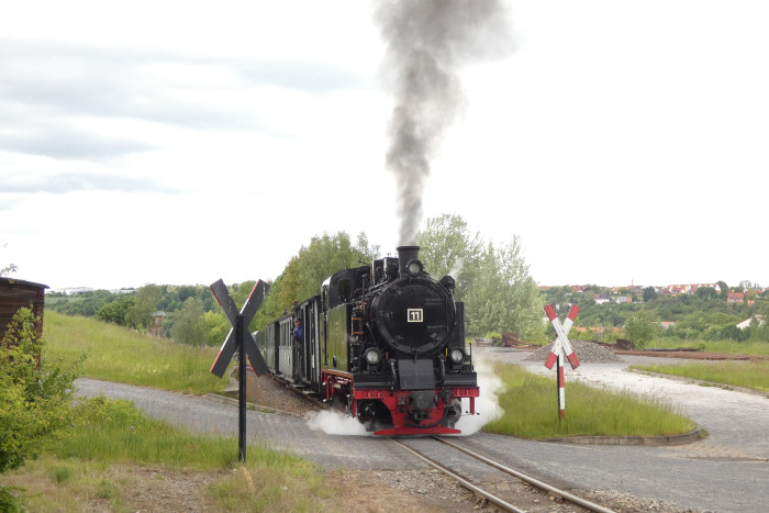 Lok&nbsp;11&nbsp; mit normalem &bdquo;Regelzug&ldquo; zurück Richtung Benndorf an der Ausfahrt von Kupferkammerhütte, um 15:46h am 29.05.2025