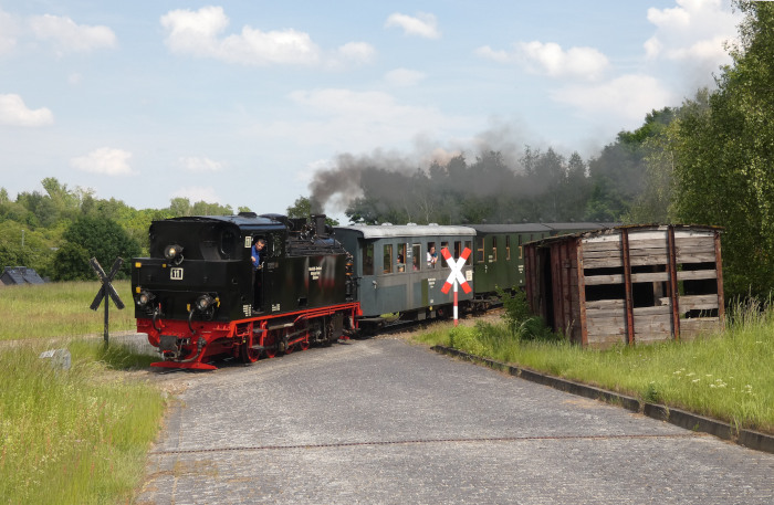 Lok&nbsp;11&nbsp;Tv mit Sonderzug im Fahrplan des Samstags-Regelzuges, aus Richtung Benndorf kommend an der Einfahrt von Kupferkammerhütte, um 15:33h am 31.05.2025