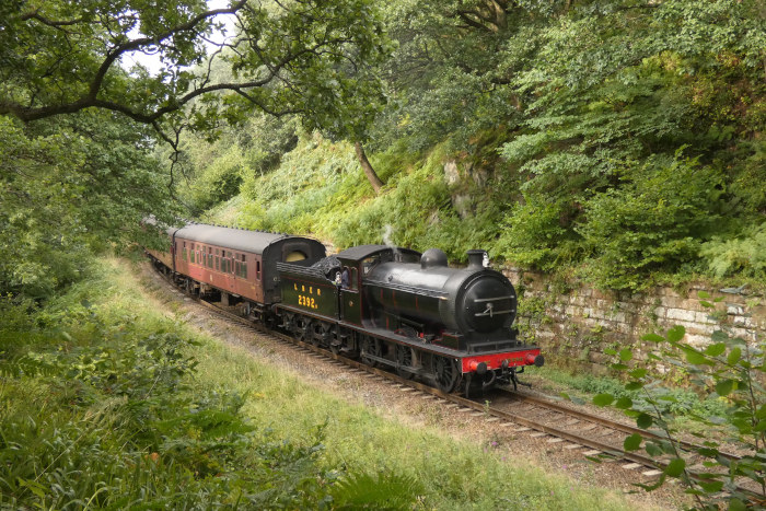 2392 mit Zug von Grosmont nach Pickering, bei Beck Hole im Einschnitt vor der Straßenbrücke, um 16:53h am 28.08.2024