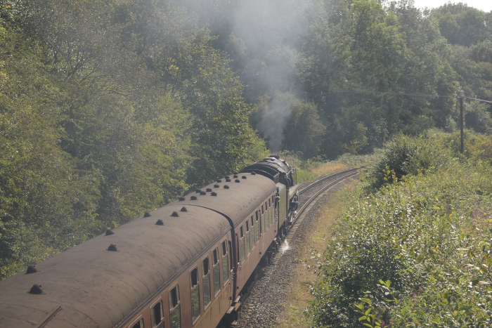 Weil die Szenerie so schön war, hier noch mal ein &bdquo;Nachschussfoto&ldquo; auf diesen Zug mit Lok 92134 davor, 13:35h am 30.08.2024