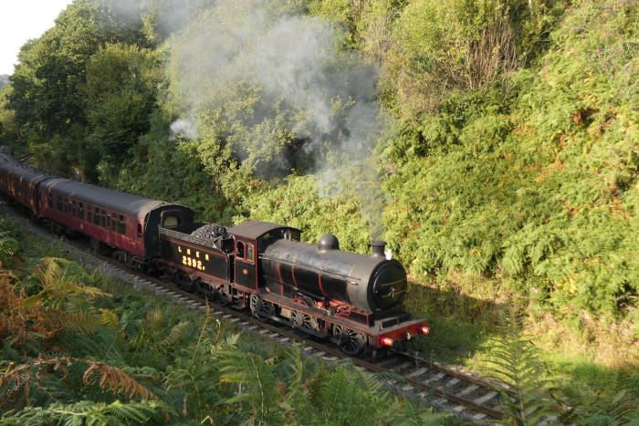 2392 mit Zug Grosmont&rarr;Pickering, bei Beck Hole im Einschnitt vor der Straßenbrücke, um 16:52h am 30.08.2024
