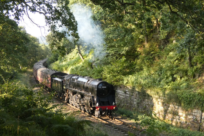 92134 mit dem letzten Zug des Tages nach Pickering, bei Beck Hole im Einschnitt vor der Straßenbrücke, um 17:53h am 30.08.2024